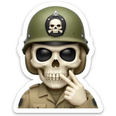 A bold emoji-style (bodyless) white skull wearing a realistic modern army helmet, making a shushing gesture (index finger bone held up to mouth area). Clean vector style,modern emoji aesthetic.The helmet has detailed realistic texture. sticker