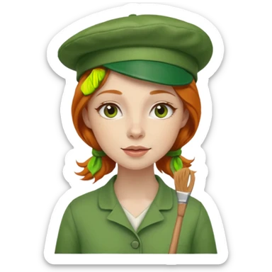 charming ginger woman with a green painter's hat sticker