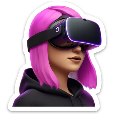 Russian girl wearing black hoody with violet letters "OMG", in vr headset oculus quest2. Dancing. Cyberpunk style. Violet neon. sticker