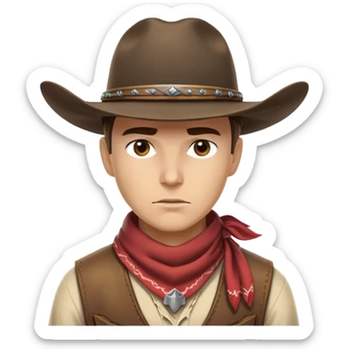 Clash of Clans aesthetic friendly Cowboy Portrait Emoji, With a rugged yet stylized build wearing a classic wide-brimmed hat and bandana, his face rendered in a natural skin tone (not yellow), determined eyes and a steely gaze, Simplified yet dynamic features, highly detailed, glowing with a warm, sunlit frontier radiance, high shine, brave and spirited, stylized with an air of Wild West heroism, focused and ready, soft glowing outline, capturing the essence of a fearless cowboy adventurer ready to ride into epic quests! sticker