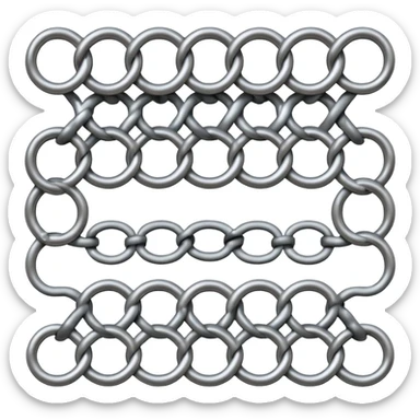 3D render of Screen Door Fragment, made of interlocking chainmail metal rings, wire mesh texture, visible holes and negative space, metallic silver and grey, high contrast shadows, emoji style, isolated on white background --v 6.0. sticker
