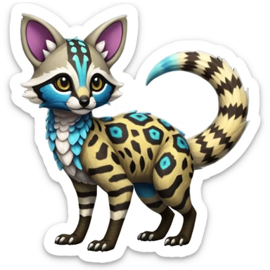 Rare realistic tropical exotic cute epic pretty beautiful handsome gorgeous aesthetic colorful vibrant Vernid-Protogen-Primagen-Wickerbeast-Genet-Trico-species-Fakemon-hybrid-creature by LiLaiRa, beautiful intricate markings, full body sticker