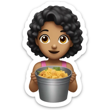 girl with thick black hair and dark brown eyes eating food out of a bucket sticker