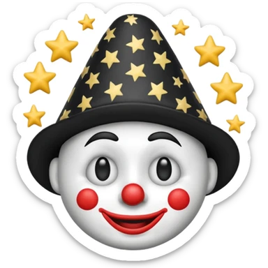 Crie um emoji com um chapéu de palhaço em preto e branco e com estrelinhas na cabeça como se o emoji estivesse tonto sticker