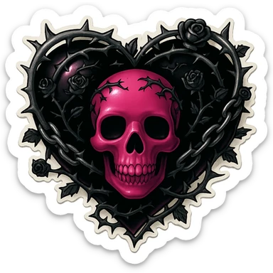 Add more gothic details including chains, thorns, and tiny black roses. Keep the black and pink gothic heart with a pink skull in the center. Maintain the retro stickers style with no background. sticker