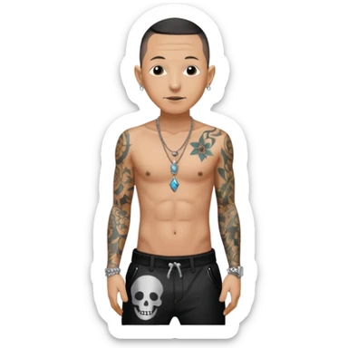 Chester Bennington with black sequin baggy pants, shirtless with necklace sticker