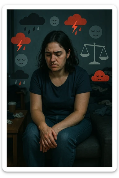 Donna tra i 25 e i 35 anni seduta da sola in una stanza, con lo sguardo basso e un’espressione di frustrazione e stanchezza. Sul volto si notano peli visibili sul mento e sopra il labbro, simbolo di irsutismo. Intorno a lei, l’ambiente appare disordinato, con luci fredde e atmosfera pesante. In trasparenza, simboli stilizzati di sbalzi d’umore (nuvole scure e rosse alternate a simboli di calma), e una bilancia emotiva sbilanciata. Le mani stringono le gambe, in gesto di disagio fisico ed emotivo. Colori cupi con accenti contrastanti. Stile realistico con elementi simbolici sticker
