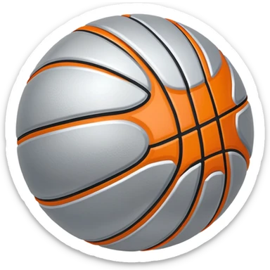 shiny silver basketball with orange seams, metallic silver material, reflective surface sticker