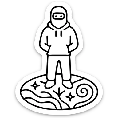 Person in ski mask and hoodie standing on vibrant earth surface with cosmic patterns and fractals flowing beneath feet sticker