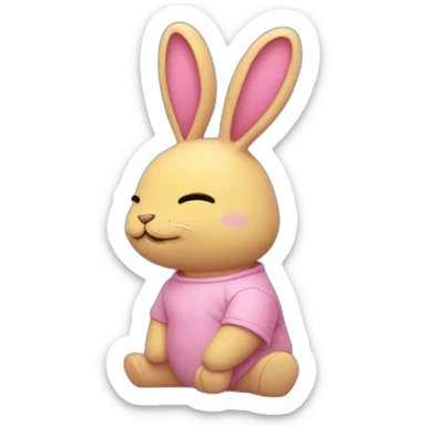 rabbit pink closed eyes, wears teeshirt yellow sticker