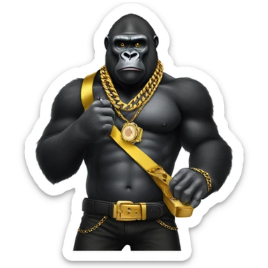 Gorilla holding a pistol wearing gold chain and watch , black shirt and a yellow bandana sticker