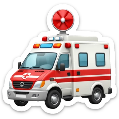 A modern white-and-red ambulance van with flashing rooftop siren.
 sticker