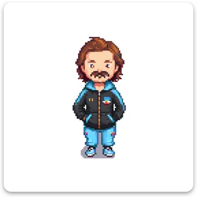 Recep İvedik character, pixel art style, humorous expression, recognizable mustache, wearing tracksuit, simple background sticker