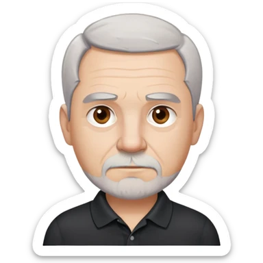 Charismatic older man in his late 50s with light skin, round face with wide features, expressive dark brown eyes, thick slightly arched eyebrows, short white-gray hair with receding hairline, gray scruff beard, neutral-serious expression, wearing black polo shirt sticker