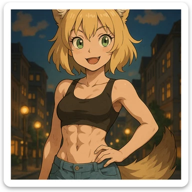 anime style furry girl with wolf ears and tail, short blonde hair, shining green eyes, hourglass figure, attractive abs, soft skin, evening city background, playful expression, ghibli style sticker