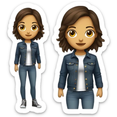 fille brune aux yeux marrons, cheveux mi-long ondulés, qui porte un jean un t-shirt rock et un blouson en cuir sticker