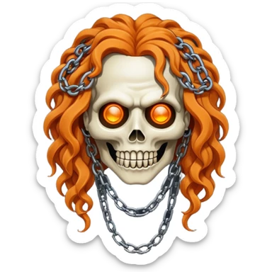steam punk Megadeth - pin-head corpse made of rusty metal with chains on its teeth, huge curly orange hair sticker