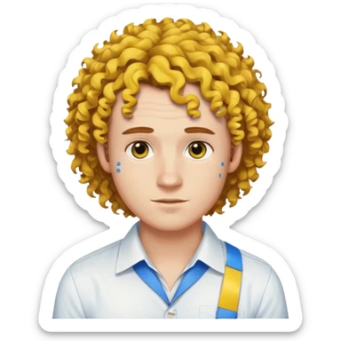 Make me an emoji that has a guy with a white shirt and yellow tape around the shirt with brown and blue spots hair make the hair curly sticker