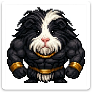 Make the guinea pig long-haired, black and white, with a strong muscular build and gold accessories, keep the style and no background. sticker