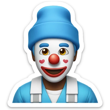Clown with a blue beanie and his skin is white and he is wearing a blue nurse shirt he has four white arms on his back sticker