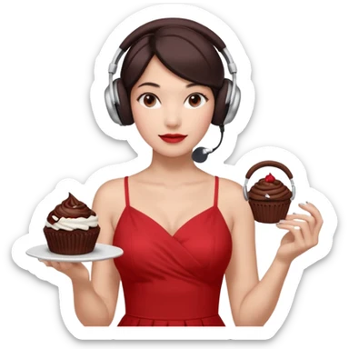 4–5 women at a listening party with a red and silver dress code. One holds a dark chocolate cupcake. Two wear over-ear headphones like AirPods Max. Indoor event lighting, modern and metallic vibe. sticker