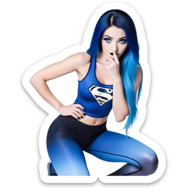 Shameful-head tilted-texting on phone-very very very large upper body-sexy face-bending forward at waist-very long very straight dark blue to light blue ombre hair-and-blue eyes-thick black eyeliner-thick long eyelashes-iridescent blue lowcut tanktop with black leggings with glitter superman logo sticker