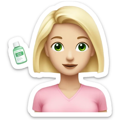 Pale girl, blonde hair to hips, doing skincare, green eyes, wearing pink shirt sticker