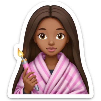 Curvy, light brown long hair, pretty black girl light pink lipgloss wrapped in blanket holding a lighter and blunt sticker