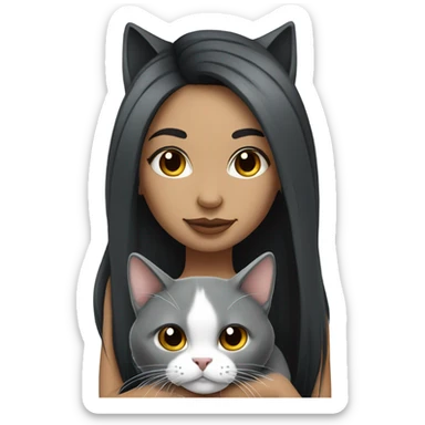 Beautiful dark haired tattooed woman holding gray and white long hair cat sticker