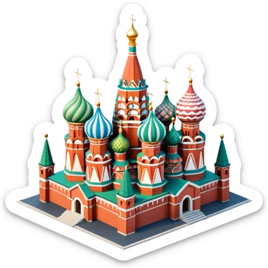Isometric illustration of Moscow, featuring Saint Basil's Cathedral with colorful onion domes, hand-drawn painterly details, subtle texture on bricks and roofs, realistic shadows and soft lighting, muted yet vivid color palette, diorama miniature effect. sticker