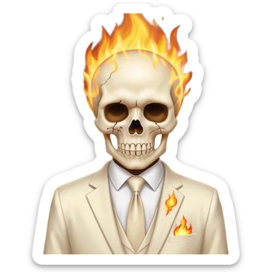 cinematic - aesthetic shiny glowing lighting - Megadeth icon - a politician in an ivory ethereal suit wears a white tie, has a skull instead of a head, and instead of glasses, burns in fire sticker