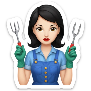 I like it! Can you make her dark haired? Rockabilly vibes are good. I like the third one and last most. Could you leave the screwdrivers? She's more like the organised one. Perhaps give her washing gloves or something. Or gardening gloves. sticker