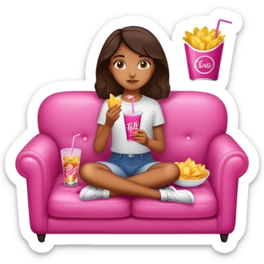home brown girl with plate of chips and one soda drink, sitting at the pink sofa sticker