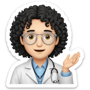 a young male doctor with black long curly hair cover his eyes a little bit and cheerful face sticker
