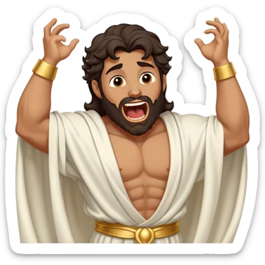 Cinematic Realistic Hercules Portrait, head tilted slightly with a dramatic, wide-open yawn, revealing a moment of relaxed, unguarded strength. His bronze, sculptural skin and thick, wavy dark hair retain their classical beauty even in repose. Draped in a gracefully flowing white robe with subtle golden details, the portrait is bathed in soft natural lighting, capturing a tender glimpse of vulnerability from a timeless Greek hero. sticker