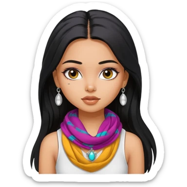 a pretty bratz girl with long black hair, kajal under eyes, small silver jhumkas. White tank top on. Colourful scarf around neck sticker