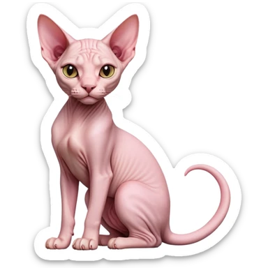 cinematic-[sphynx cat]-realistic-full-body-sitting-emoji,-tail-curled-playfully-around-its-paws,-head-tilted-dramatically,-sleek-[pink]-skin,-simplified-yet-realistic-focused-features,-highly-detailed,-glowing-with-an-almost-sarcastic-glow sticker