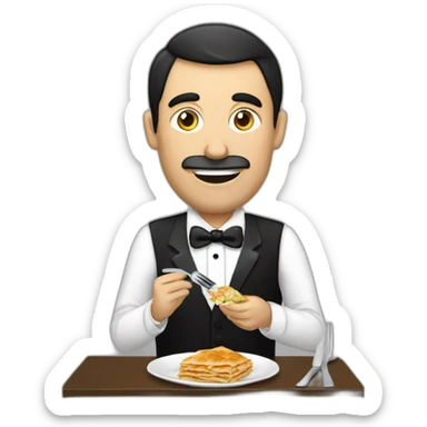 Man eating bosnian meal called Burek with fork and knife while wearing a tuxedo sticker
