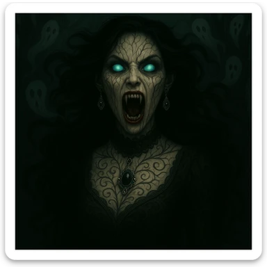 Add ornate gothic jewelry including a black lace choker, silver pendant, and dark gemstone earrings while keeping the horror and supernatural features intact. sticker