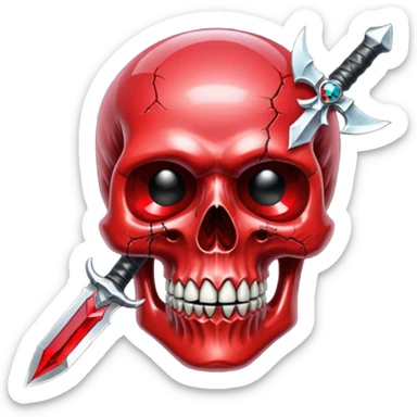 make me a red crystal skull partly see thew super gem like make it realistic and held together by a black bow and a small dagger to the eye with cracks coming from it have the bow be loosely tied around the skull holding it together make the blade super realistic  sticker