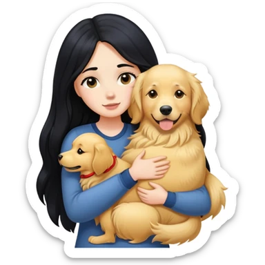 A white girl with long black  hair tightly hugged a Golden Retriever sticker