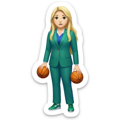 Full Body white plus size female basketball head coach with long blonde hair in a blue and green suit sticker