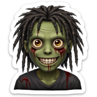zombie with brown skin, messy black dreads hair, wide centered brown eyes, dark bloody marks under the eyes, and a smile showing shiny metal teeth,black shirt, giving a distressed, undead look. sticker