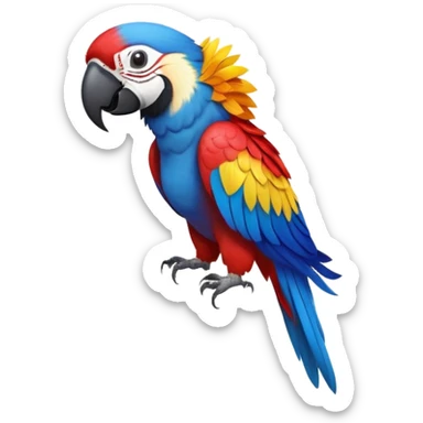 cinematic-macaw-realistic-full-body-standing-emoji,-vibrant-feathers-glowing-with-rich-reds,-blues,-and-yellows,-head-tilted-dramatically,-curved white-beak-gleaming,-piercing-dark-eyes-exuding-confidence,-simplified-yet-realistic-focused sticker