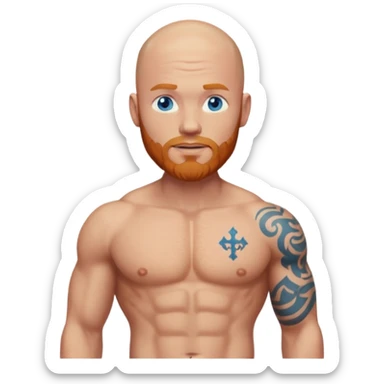 Keep same emoji bald guy with a ginger beard, blue eyes and muscles with "GODBODY"  tattoo across abs stomach only, remove tattoo on right arm sticker