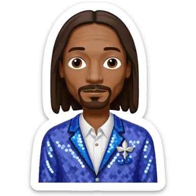 Snoop Dogg with long dark brown hair, periwinkle sequin outfit sticker