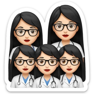 Genera emogis de 4 cuatro enfermeras de cabello negro largo, entre ellas que una tenga lentes y otra un lunar encima de los labios sticker