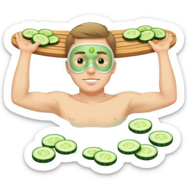 white man with green facial mask and cucumber slices on eyes, relaxing at a spa sticker