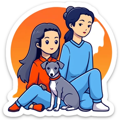 A very beautiful and attractive 25-year-old Chinese woman with long flowing black hair and a SOLID DARK GREY whippet sitting together during a beautiful sunset. The whippet MUST be COMPLETELY SOLID DARK GREY with ABSOLUTELY NO WHITE MARKINGS ANYWHERE - no white chest, no white face, no white paws, no white tip on tail - ENTIRELY ONE SOLID DARK GREY COLOR throughout the entire dog. Orange and red sunset sky in the background. sticker