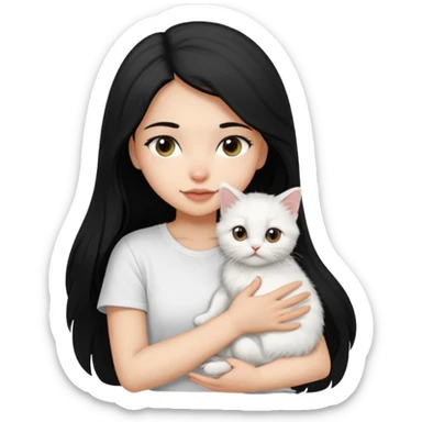 a girl with long dark black hair, in a white t-shirt, hugs a persian kitten 3 months old black and white one cat. emoji | AI Emoji Generator sticker